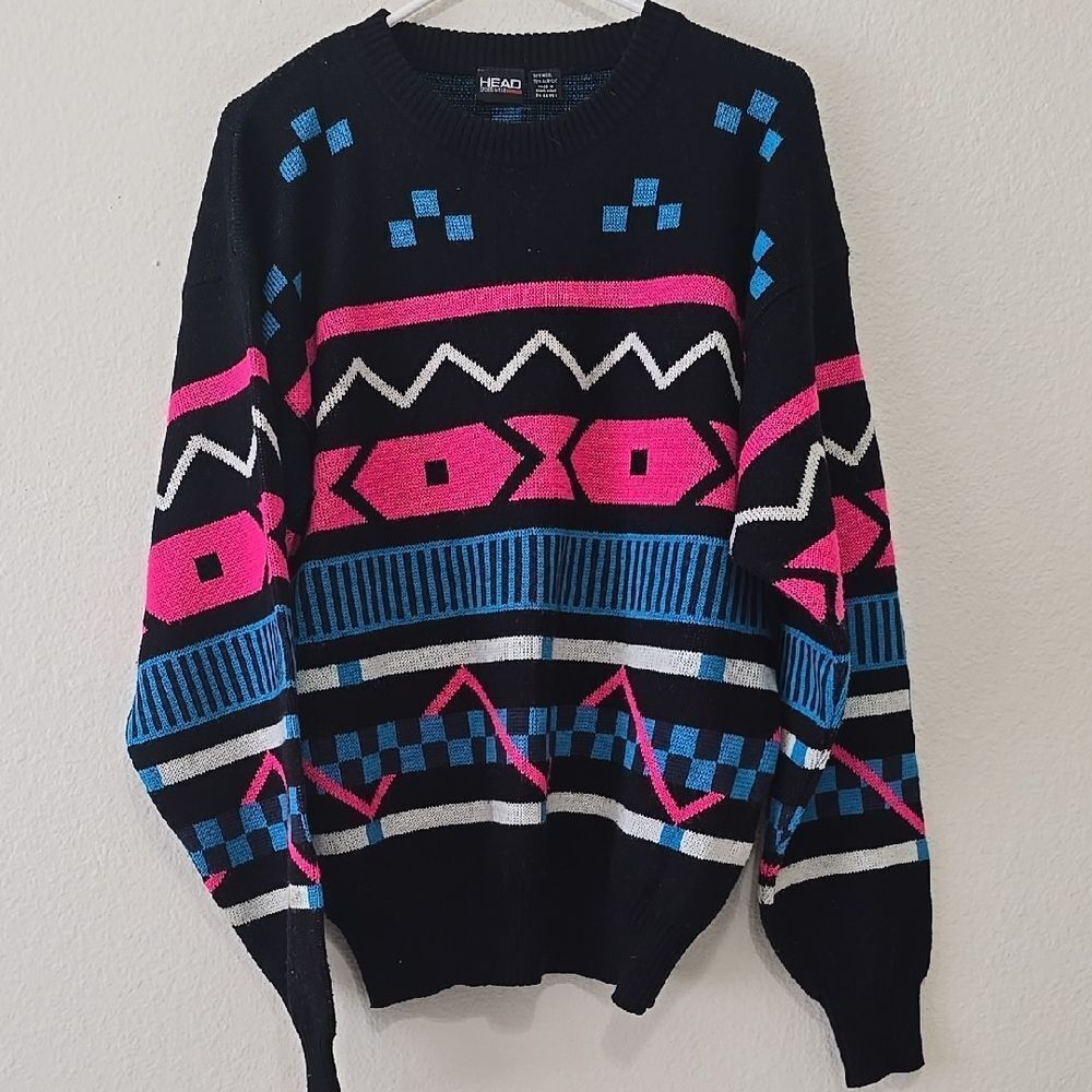 Head Crewneck Sweater in Black and Pink‎ with Geometric Flair